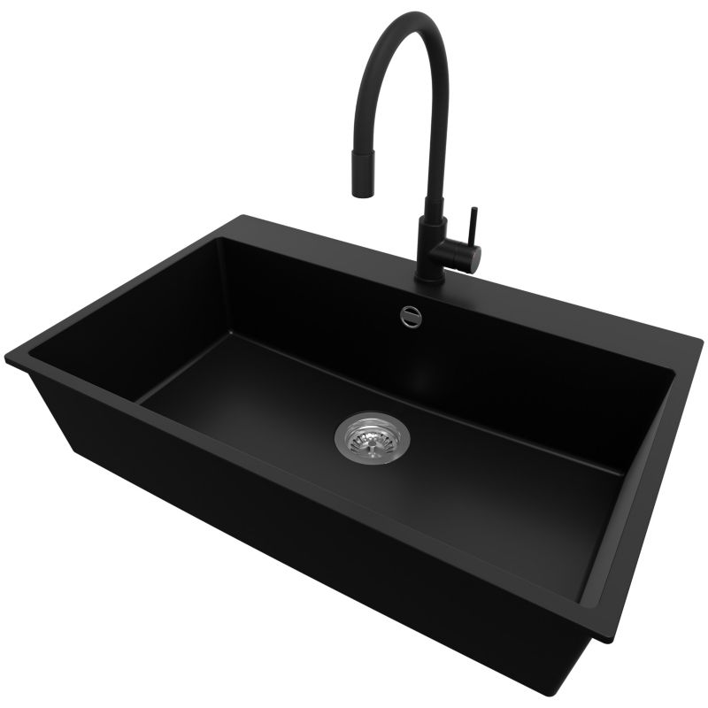 Zlewozmywak Granitowy Ryga PRIMAGRAN Nablatowy 78x50cm do Szafki od 80cm, Czarny + Bateria 38x14cm + Syfon, S421, 1 szt.