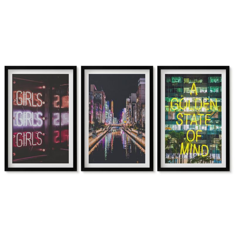 Zestaw 3 obrazów w czarnych ramach Tulup 40x60 cm Neonowe napisy rzeka nocą Obrazy nad biurko zestaw czarna rama 1 kpl