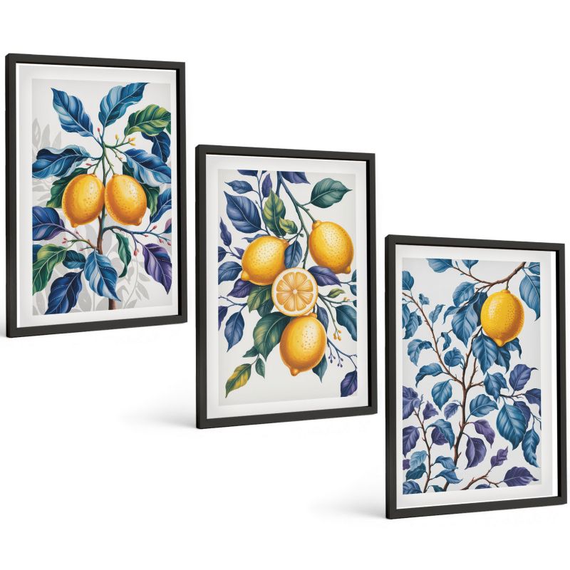 Trzyczęściowy Zestaw Obrazów ArtPrintCave 40x60 cm Czarna rama Cytryny gałęzie błękitne liście 1 kpl.