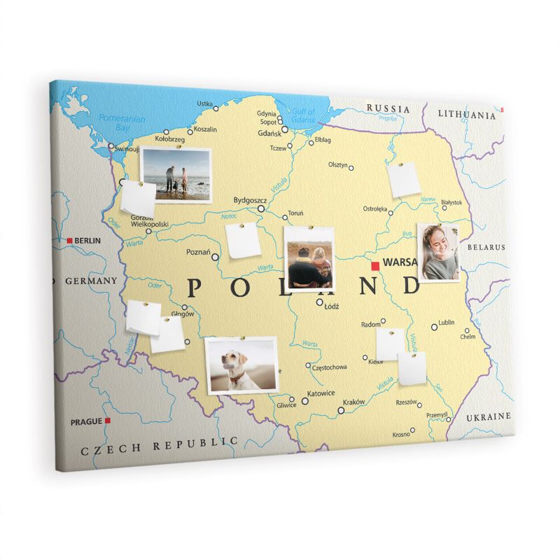Korkowa Tablica Tulup 140x100 cm Polityczna mapa Polski Do przypinania notatek Pinezki drewniane 1 kpl