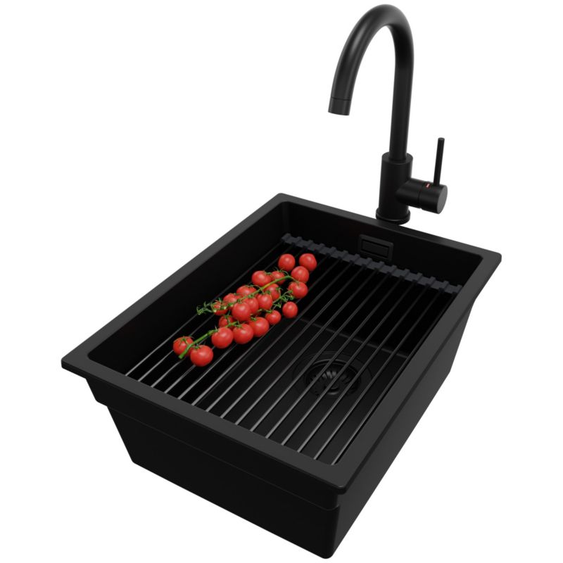 Zlewozmywak Granitowy Praga Level Slim PRIMAGRAN Nablatowy 36x47cm, Cały Czarny + Bateria + Syfon + Akcesorium, S068, 1 szt.