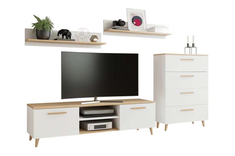 Zestaw mebli do salonu Kobi FREYA komoda, szafka RTV, półki, styl skandynawski, nogi drewniane - Biały / Dąb Artisan 1 szt.