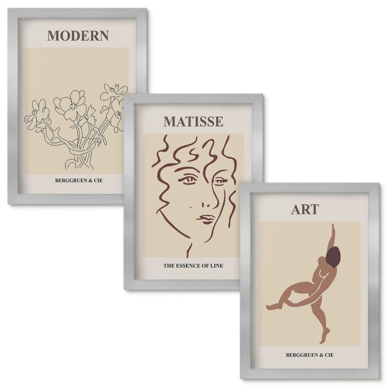 Zestaw obrazów Wallfluent Stylowe grafiki kwiaty postaci Srebrna rama 20x30cm 3 szt.