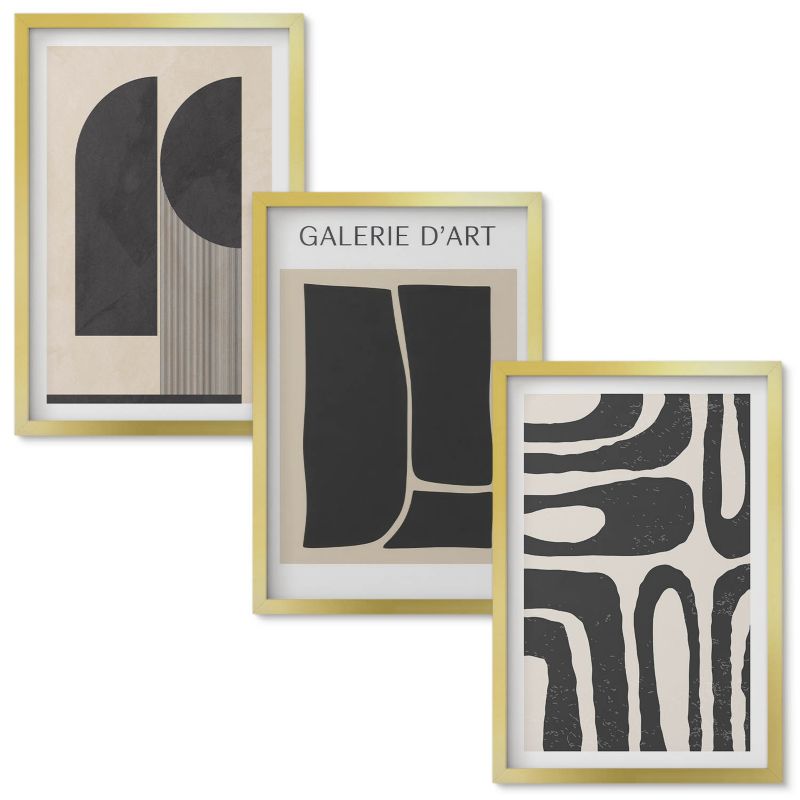 Set Obrazów w Ramie Wallfluent Abstrakcyjne minimalistyczne postery Złota rama 40x60 cm 3 szt.