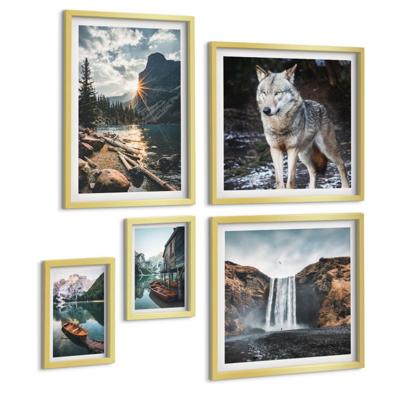 Pięcioczęściowy Zestaw Obrazów ArtPrintCave (2x50x50+2x20x30+40x60cm) Złota rama Góry jeziora wodospad wilk 1 kpl.