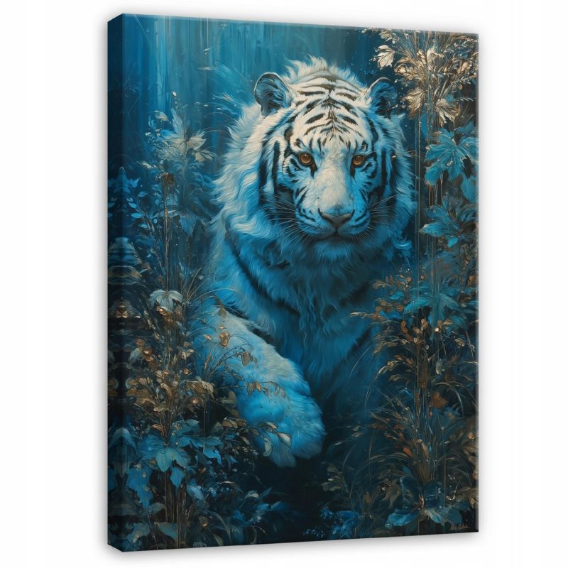Obraz WALLARENA Do Sypialni Salonu Na Płótnie Tygrys Liście Zwierzęta Niebieski 70x100 cm PP16101O1 1 szt.