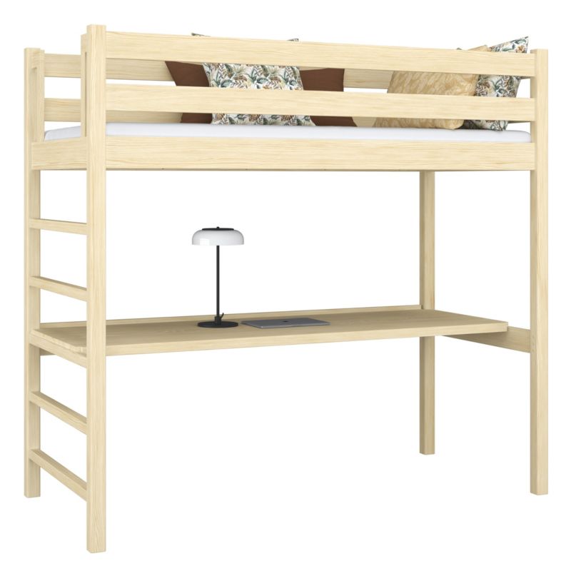 Drewniane łóżko N-WOOD na antresoli z biurkiem N01 sosna bezbarwna 80x180 1szt.