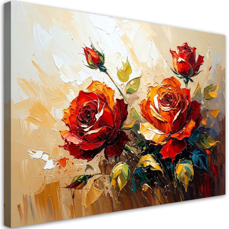 Obraz nowoczesny Feeby Czerwone Róże Kwiaty na beżowym tle efekt farby 90x60cm 1szt