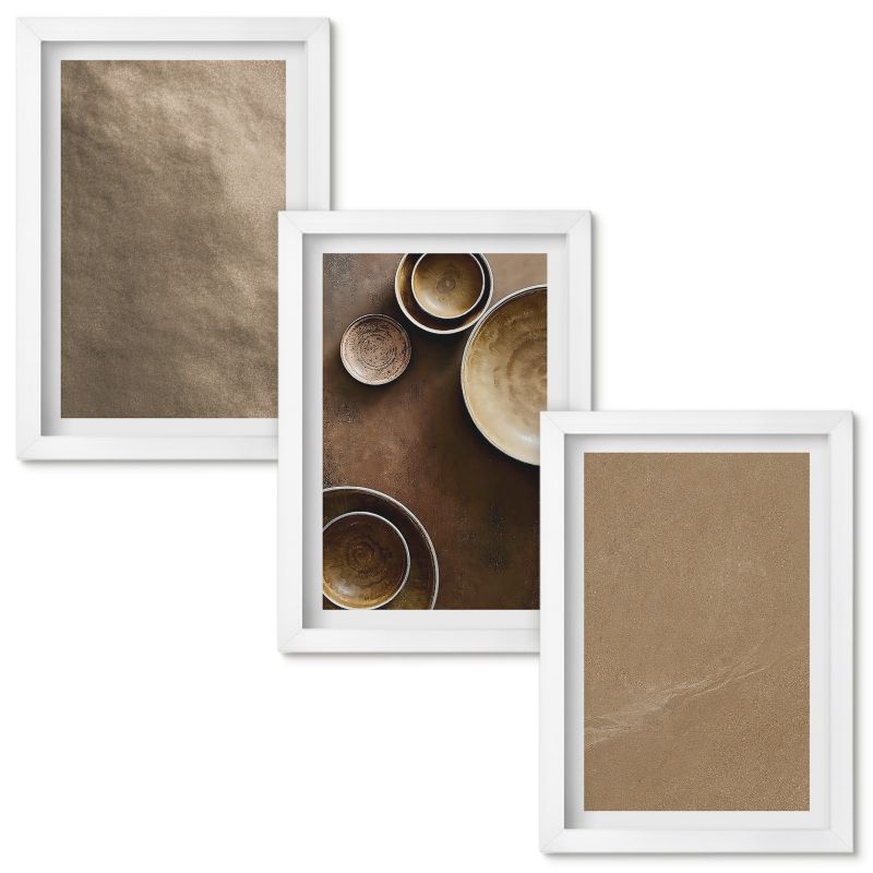 Zestaw obrazów Wallfluent Kamienne struktury minimalistyczne Biała rama 20x30cm 3 szt.