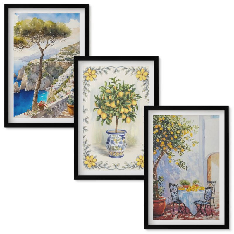 Obraz Ścienny Zestaw Wallfluent Morze drzewa cytryny widok Czarna rama 40x60 cm 3 szt.