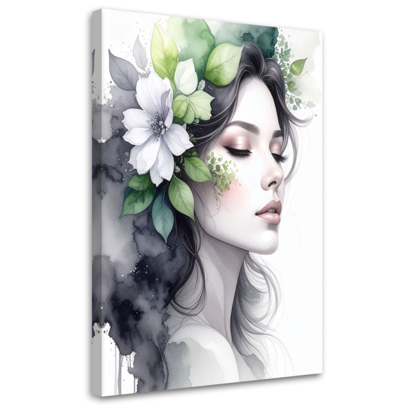 Obraz do salonu sypialni Feeby Kobieta z zielonymi kwiatami na głowie 40x60cm 1szt