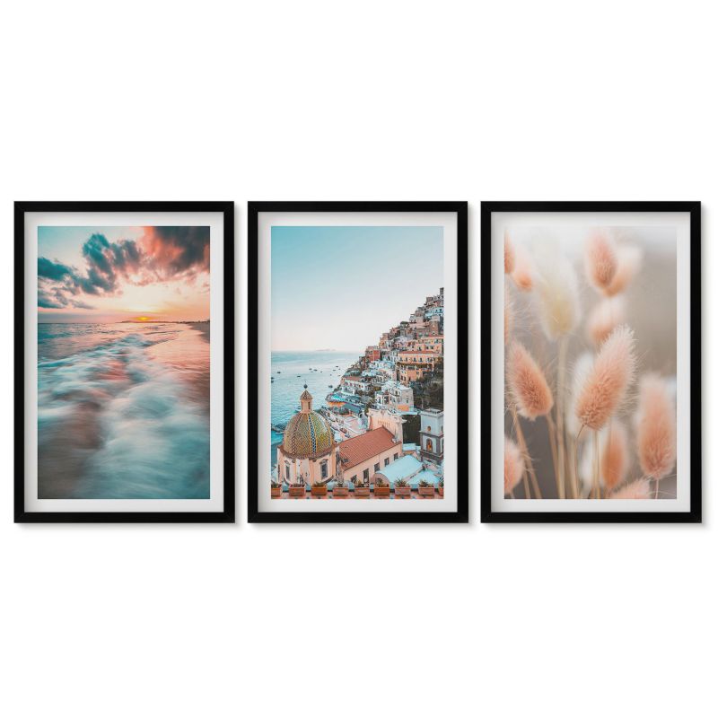 Komplet obrazów czarna rama Tulup 40x60 cm Morze zachód słońca domy kwiaty Dekoracja ścienna do przedpokoju 1 kpl