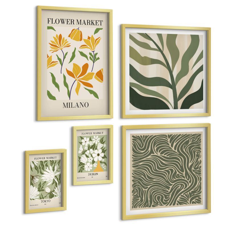 Zestaw Obrazów 5 Częściowy ArtPrintCave (2x50x50+2x20x30+40x60cm) Złota rama Roślinne wzory boho dekoracje 1 kpl.