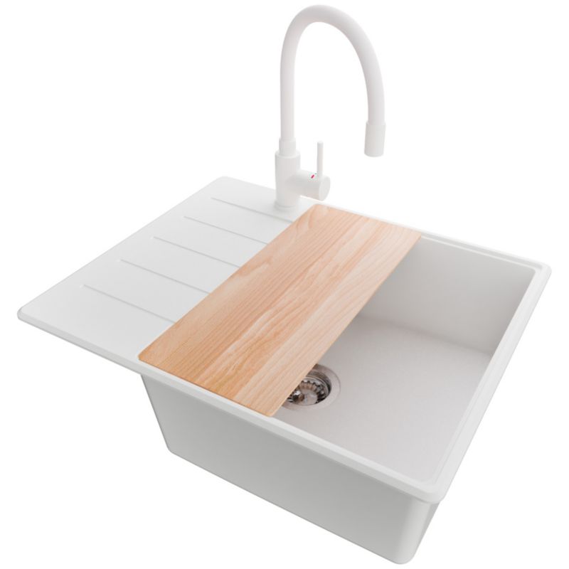 Zlewozmywak Granitowy Kopenhaga Top PRIMAGRAN Nablatowy 62x50cm do Szafki od 50cm, Biały + Bateria + Syfon + Deska, S461, 1 szt.