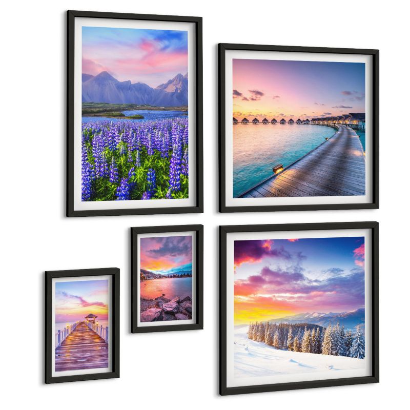 Pięcioczęściowy Zestaw Obrazów ArtPrintCave (2x50x50+2x20x30+40x60cm) Czarna rama Zimowy krajobraz góry molo 1 kpl.