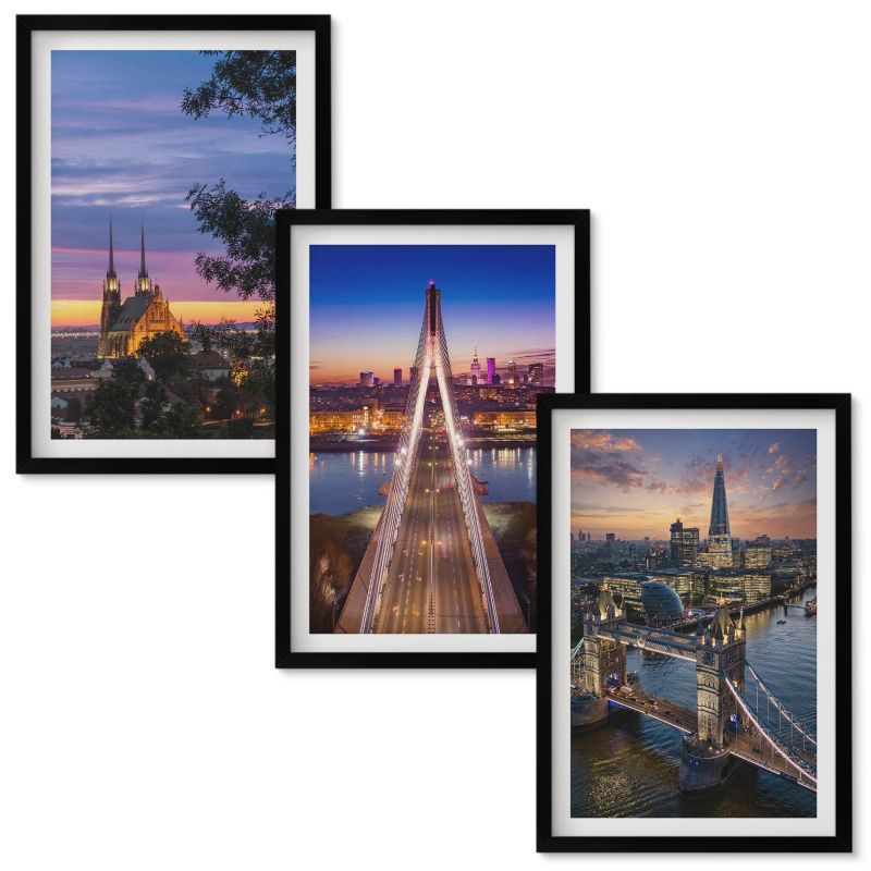Obraz Ścienny Zestaw Wallfluent Widoki mostów i zachody słońca Czarna rama 40x60 cm 3 szt.