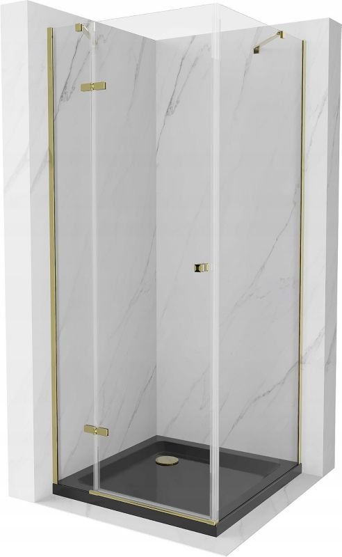 Kabina prysznicowa Mexen Roma uchylna 80 x 80 cm transparent złota + brodzik Flat czarny