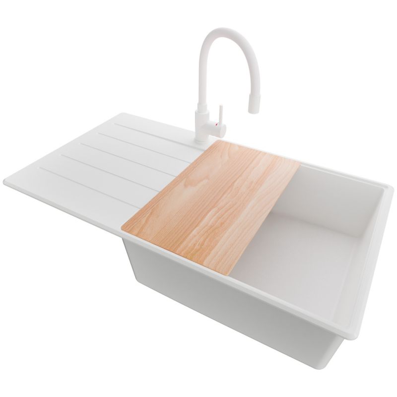 Zlewozmywak Granitowy Kopenhaga Top PRIMAGRAN Nablatowy 90x50cm, Cały Biały + Bateria + Syfon + Akcesorium, S744, 1 szt.
