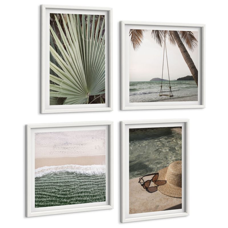 Zestaw 4 Obrazów ArtPrintCave (2x50x50+2x40x60cm) Biała rama Plaża huśtawka liść wakacje 1 kpl.