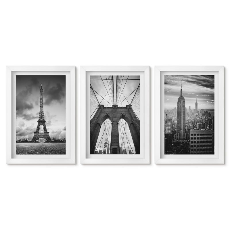 Zestaw 3 obrazów w białej ramie Tulup 20x30 cm Wieże mosty monochromatyczne Dekoracja ścienna do przedpokoju 1 kpl