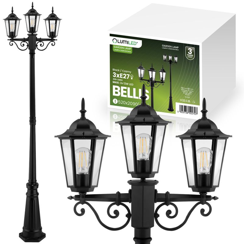 Lampa Ogrodowa Lumiled Zewnętrzna 3x E27 Słupek Latarnia 2m Czarna 1 szt.