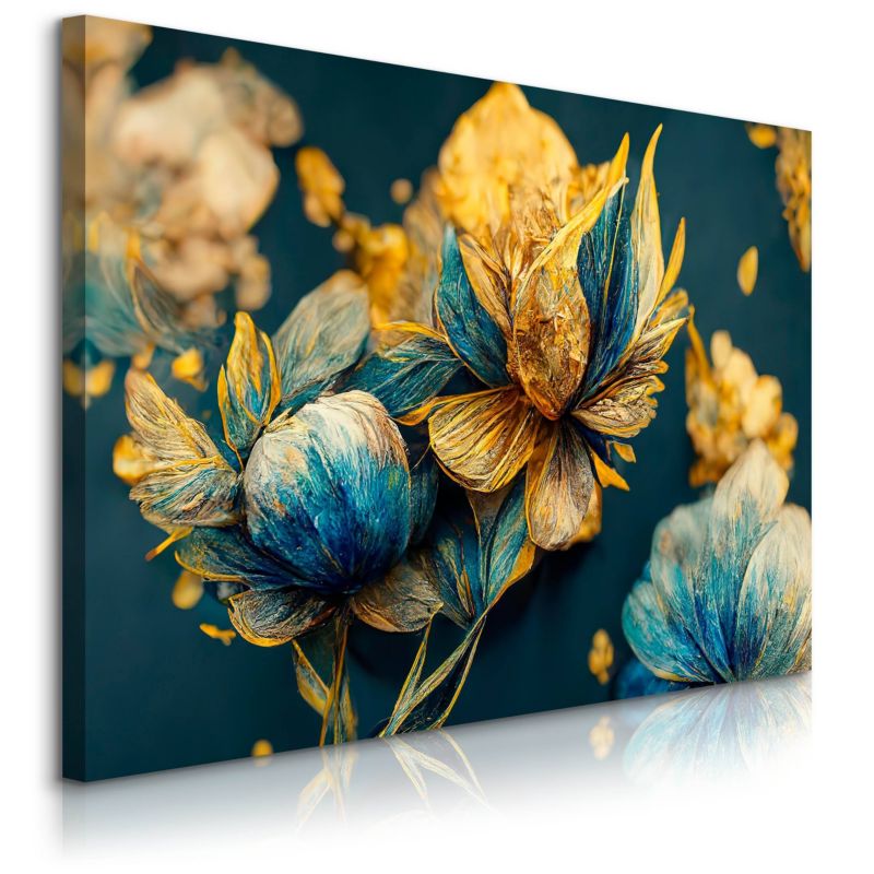 Obraz Muralo Niebieskie Kwiaty Styl Glamour Elementy Złota 70x50 cm 1 szt.