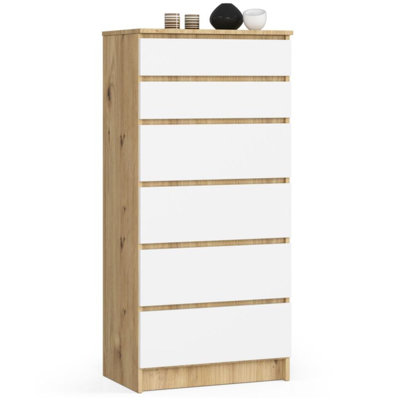 Komoda Akord K60 Dąb Artisan 60 cm 6 szuflad kolor Biały mat 60x40x130 cm 1 szt.
