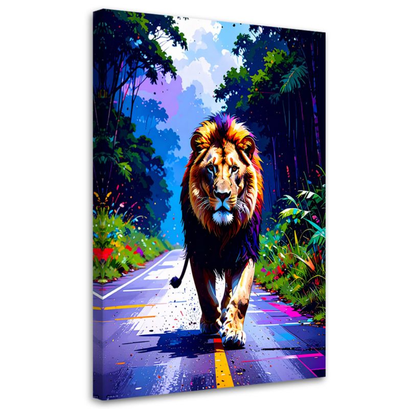Obraz na płótnie do salonu biura Feeby Lew na drodze Dżungla 70x100cm 1szt