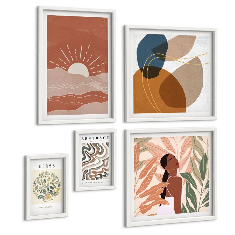Zestaw Obrazów 5 Częściowy ArtPrintCave (2x50x50+2x20x30+40x60cm) Biała rama Estetyka boho pastelowe postery 1 kpl.
