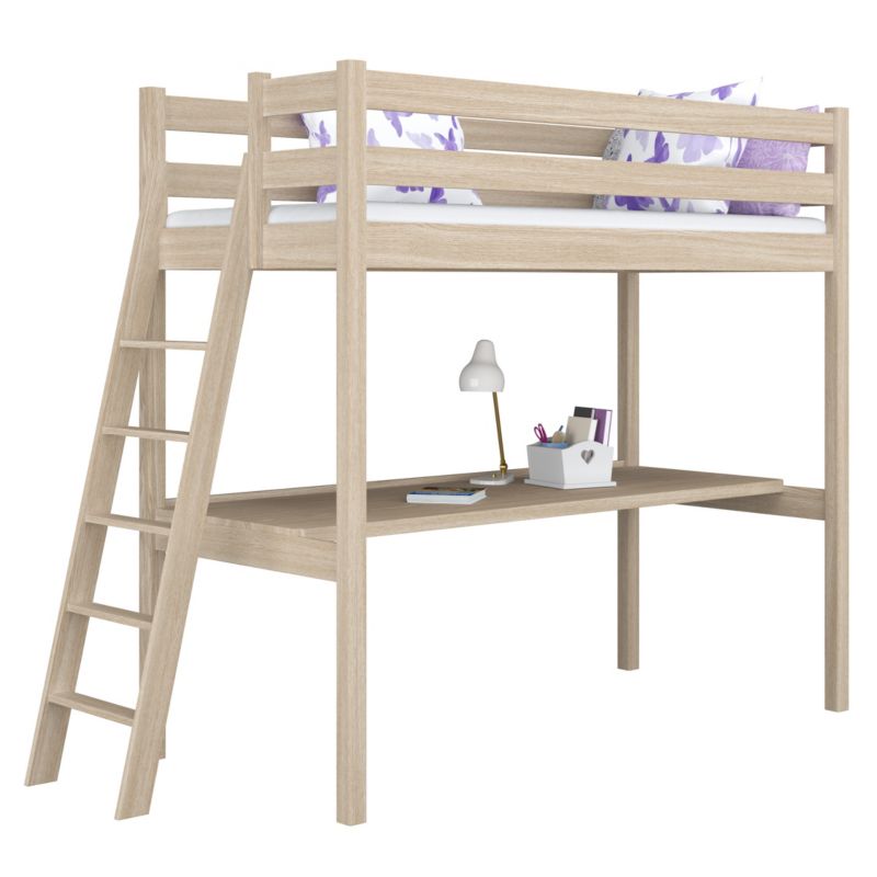 Dębowe łóżko N-WOOD na antresoli z biurkiem N02 dąb bielony 90x200 1szt.