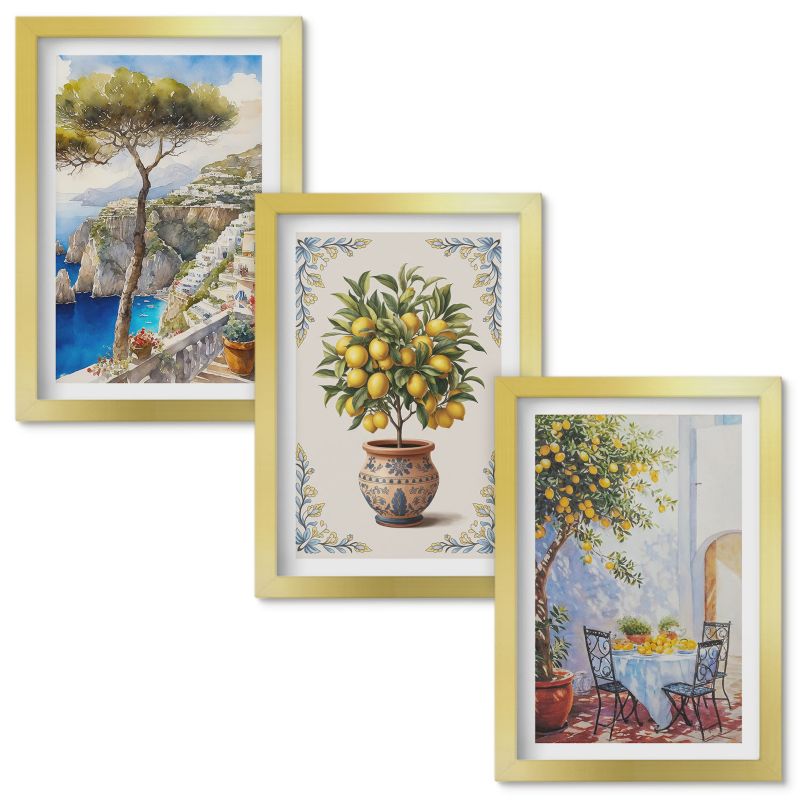 Obrazy do Salonu Wallfluent Morze drzewo cytrynowe stół Złota rama 20x30cm 3 szt.