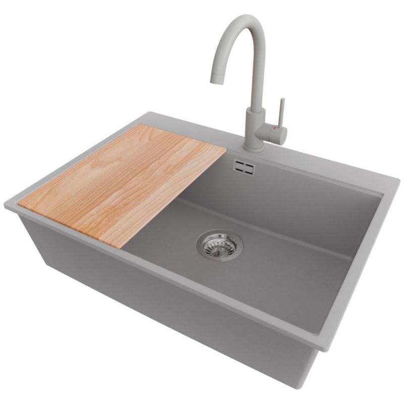 Zlew Granitowy Narożny Oslo Top PRIMAGRAN Nablatowy 68x50cm do Szafki od 70cm, Szary + Bateria + Syfon + Deska, S505, 1 szt.