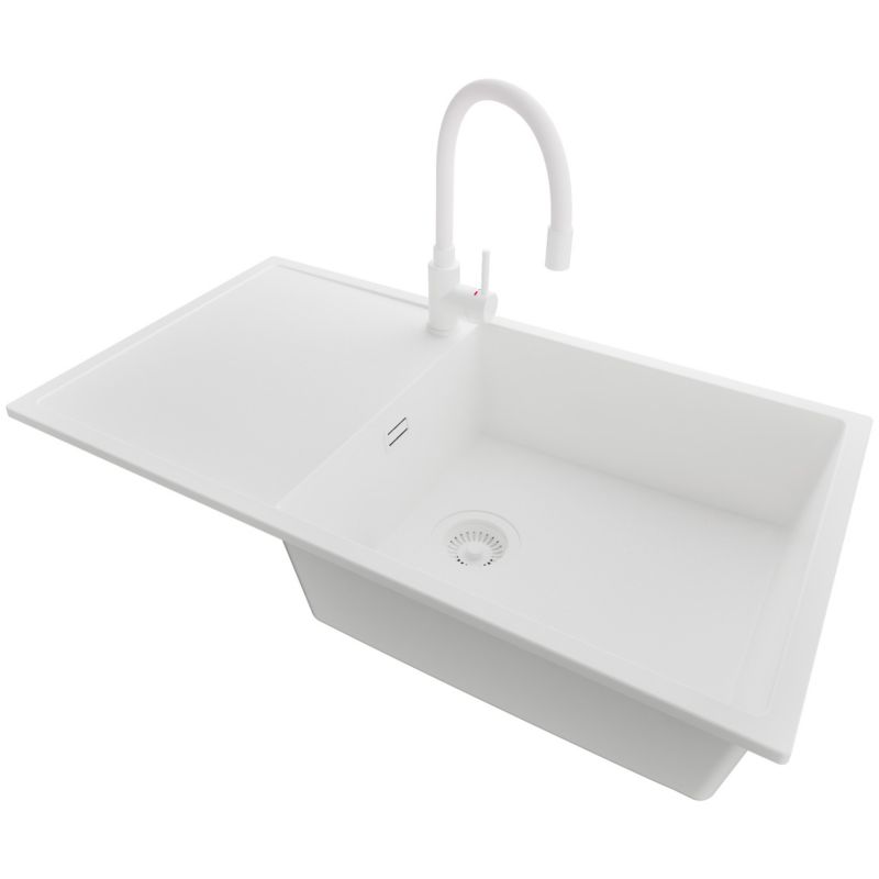 Zlewozmywak Granitowy Ibiza PRIMAGRAN Nablatowy 90x50cm do Szafki od 60cm, Cały Biały + Bateria 38x14cm + Syfon, S068, 1 szt.