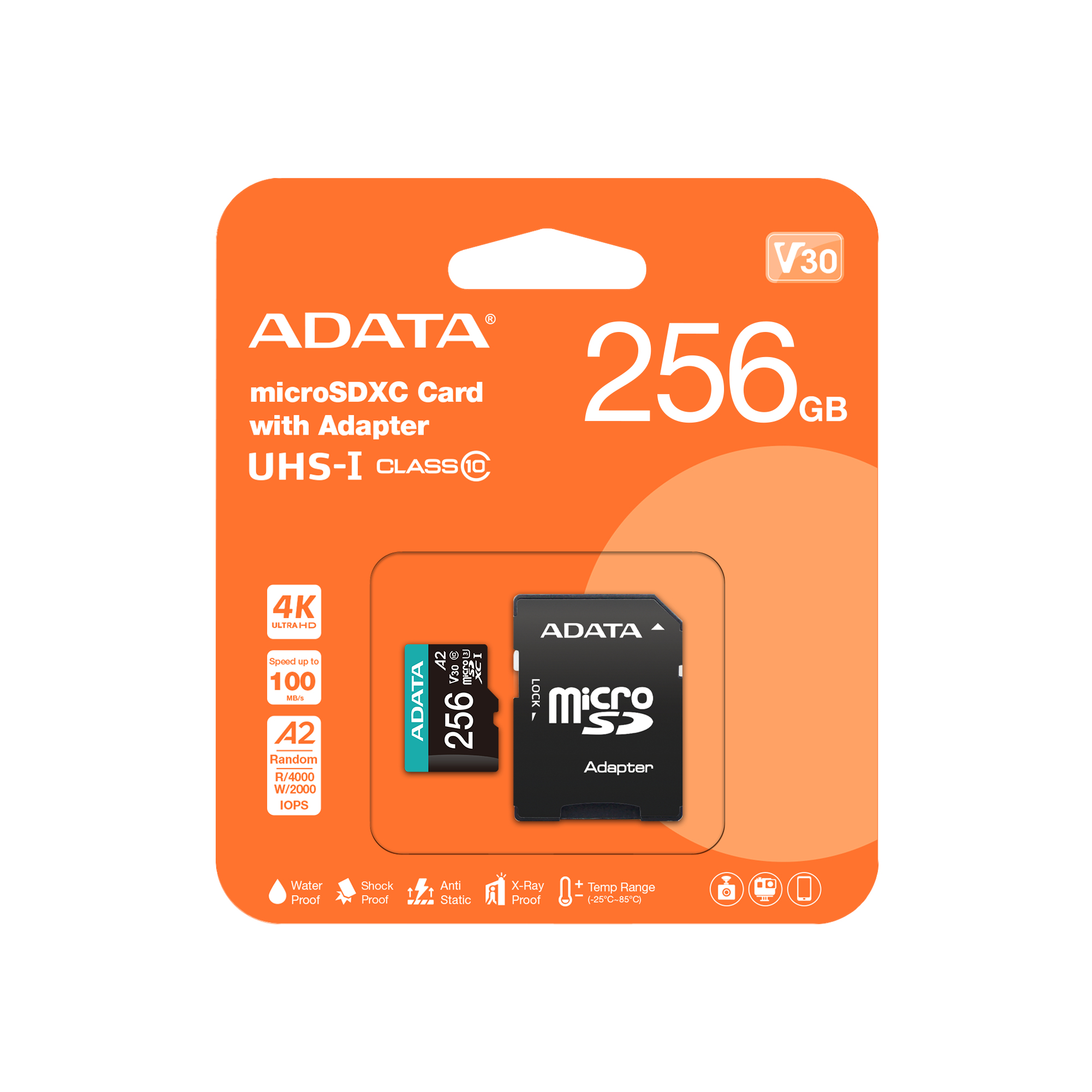 ADATA Micro SDXC 256GB V30S A2 100/80 U3 AUSDX256GUI3V30SA2-RA1 - Henryx24