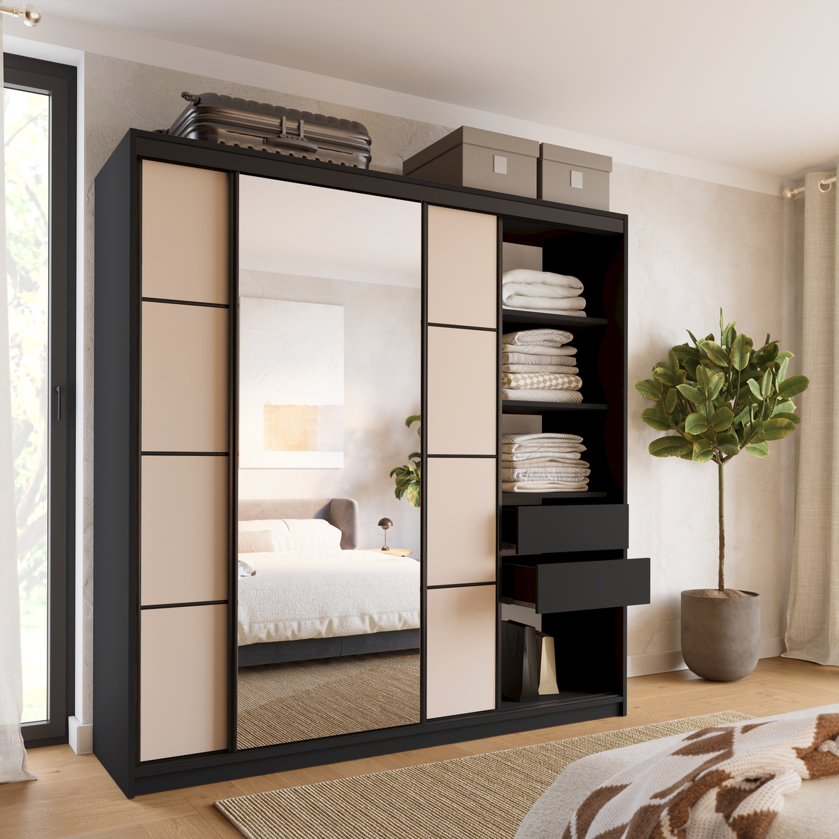 Duża szafa przesuwna z lustrem do przedpokoju 200 cm LOFT beż piaskowy