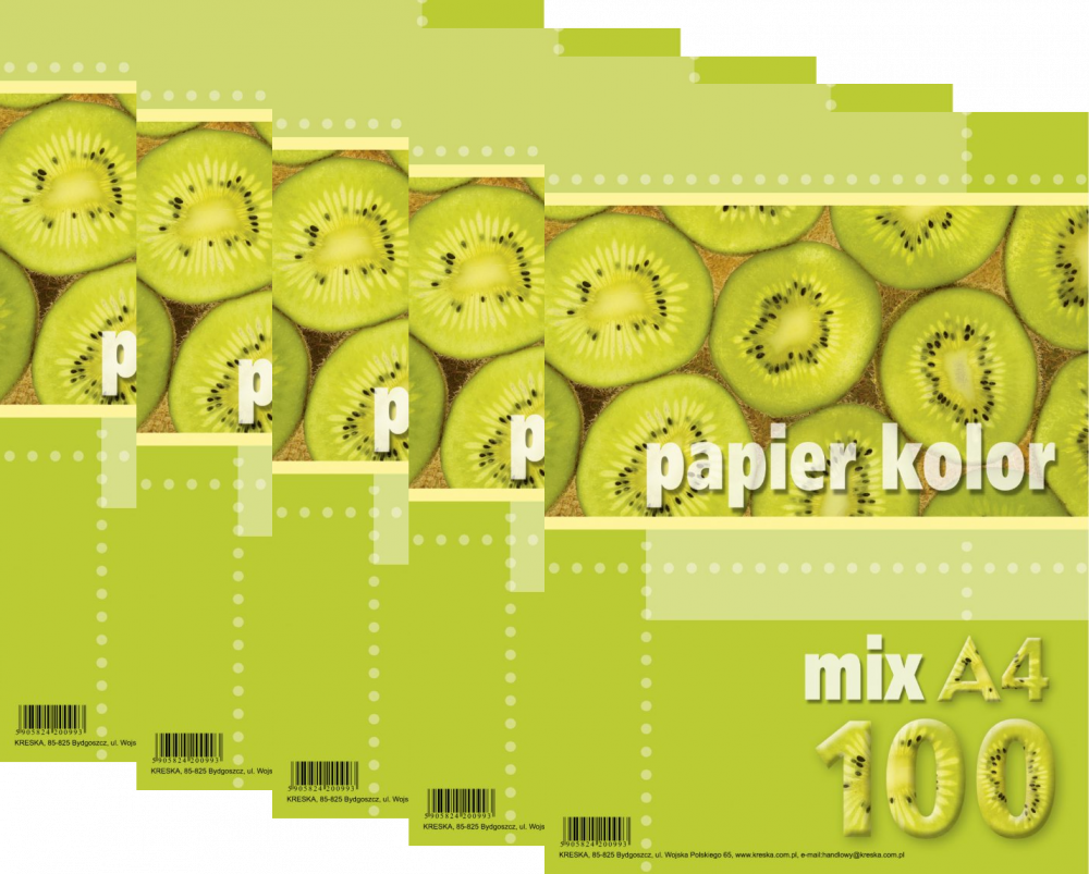 5x Papier kolorowy Kreska, A4, 100 kartek, mix kolorów
