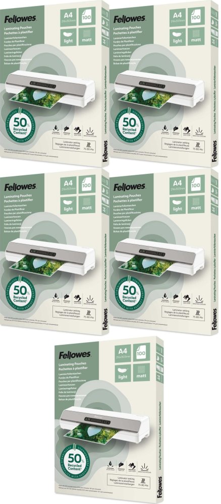 5x Folia do laminowania Fellowes ECO recycled, A4, light, matowa, 100 sztuk