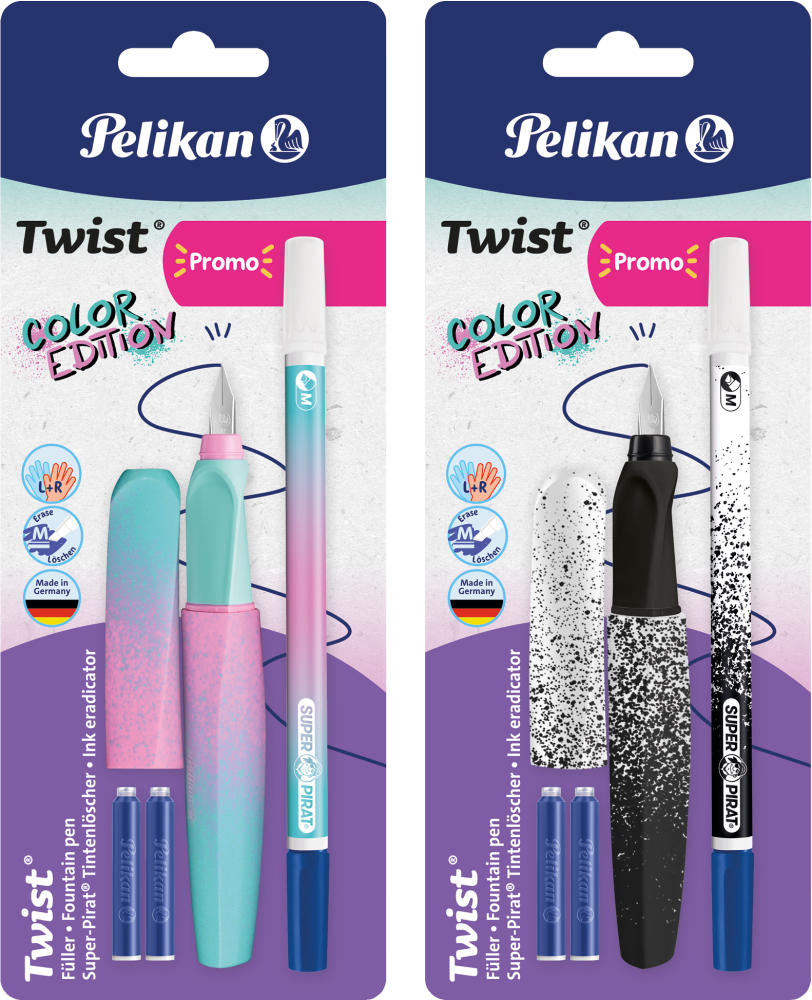 2x Zestaw Pelikan Twist Color Edition, pióro wieczne + 2x nabój + wymazywacz do atramentu, mix kolorów
