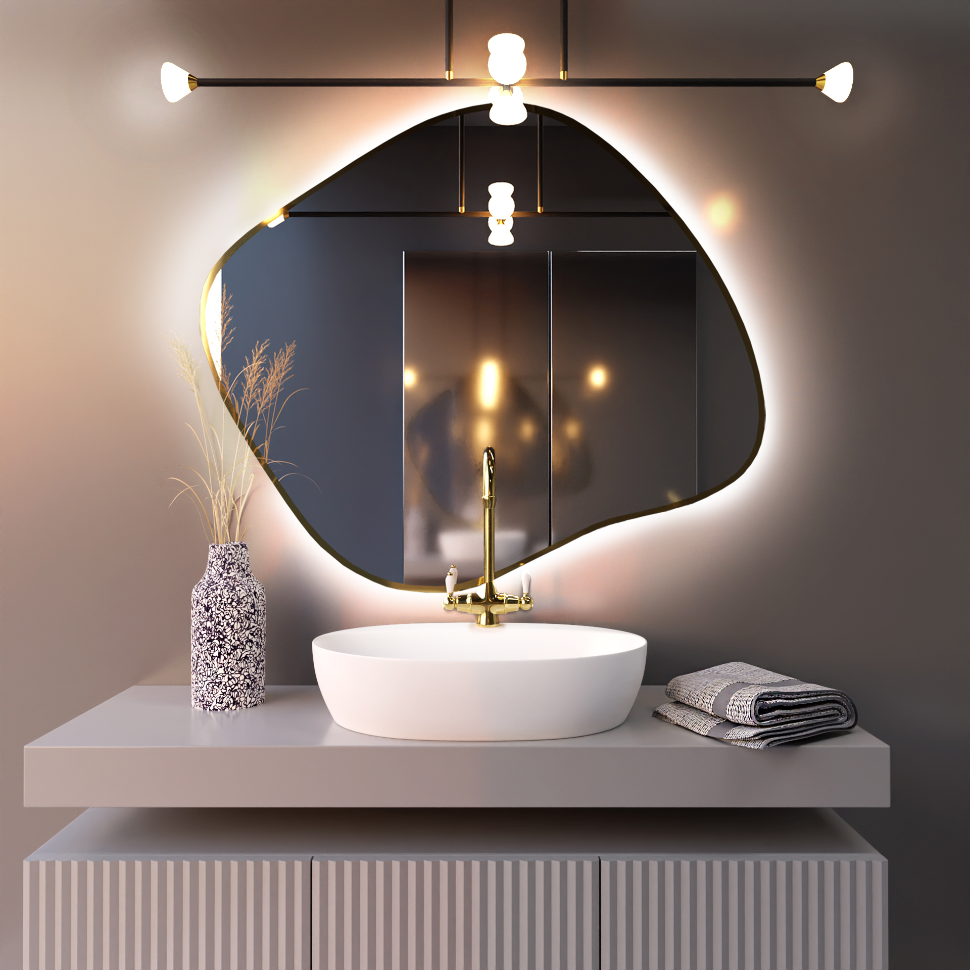 Darmowa Dostawa - Lustro 100x86 cm z oświetleniem złoty Baltica Design Bright Stain III 5904107920627