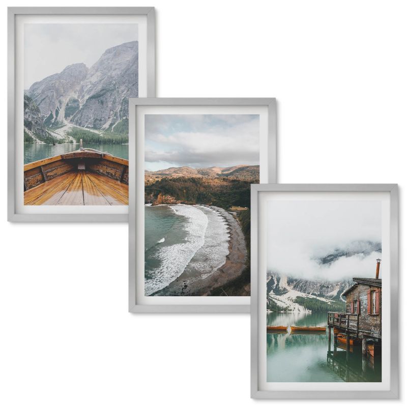 Set Obrazów w Ramie Wallfluent Góry jezioro łódź plaża pejzaż Srebrna rama 40x60 cm 3 szt.