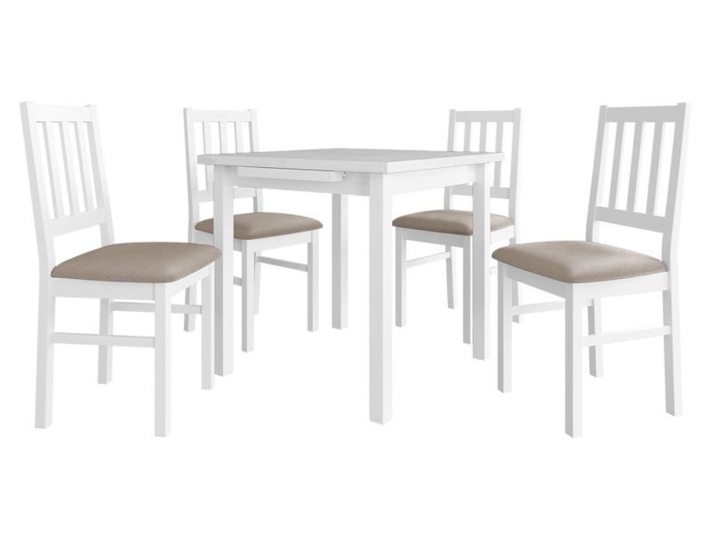 Zestaw DR09 MIRJAN 24 Stół rozkładany Max VII 80x80/110 + 4 krzesła Bos 4 biały + beżowa tapicerka 1 kpl.