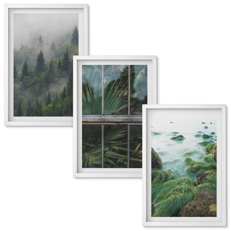 Zestaw obrazów Wallfluent Las mgła brzeg rzeki szklarnia Biała rama 40x60 cm 3 szt.
