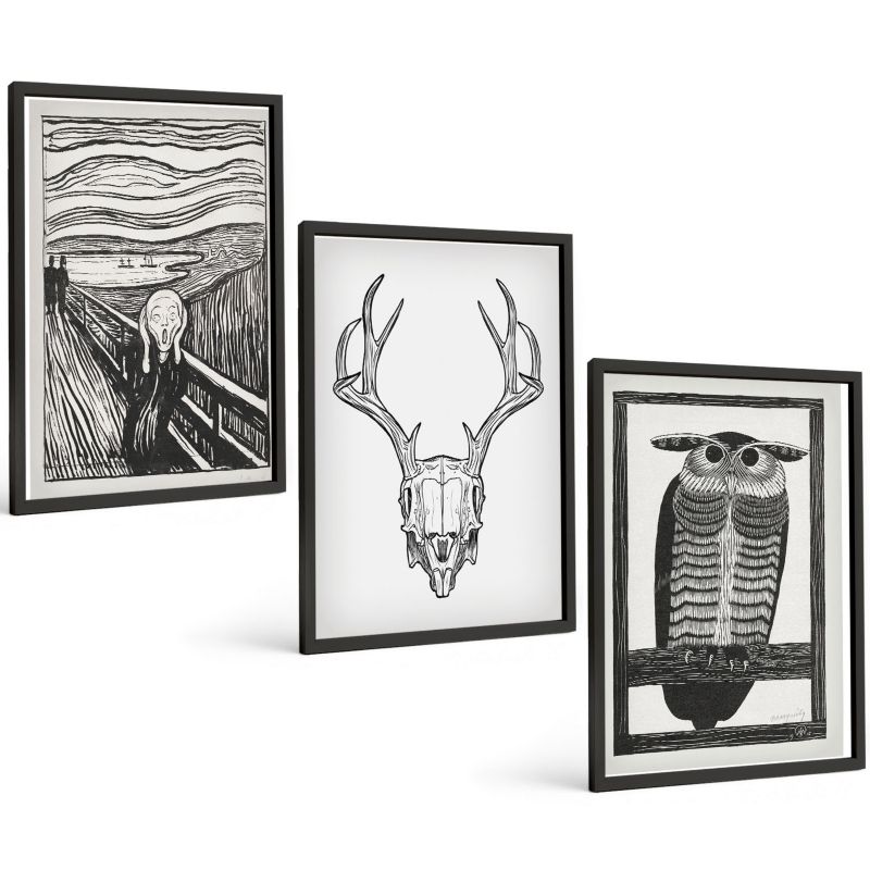 Zestaw Obrazów 3 Częściowy ArtPrintCave Czarne Ramki 40x60 cm Dekoracja do Sypialni Krzyk czaszka sowa grafika 1 kpl.