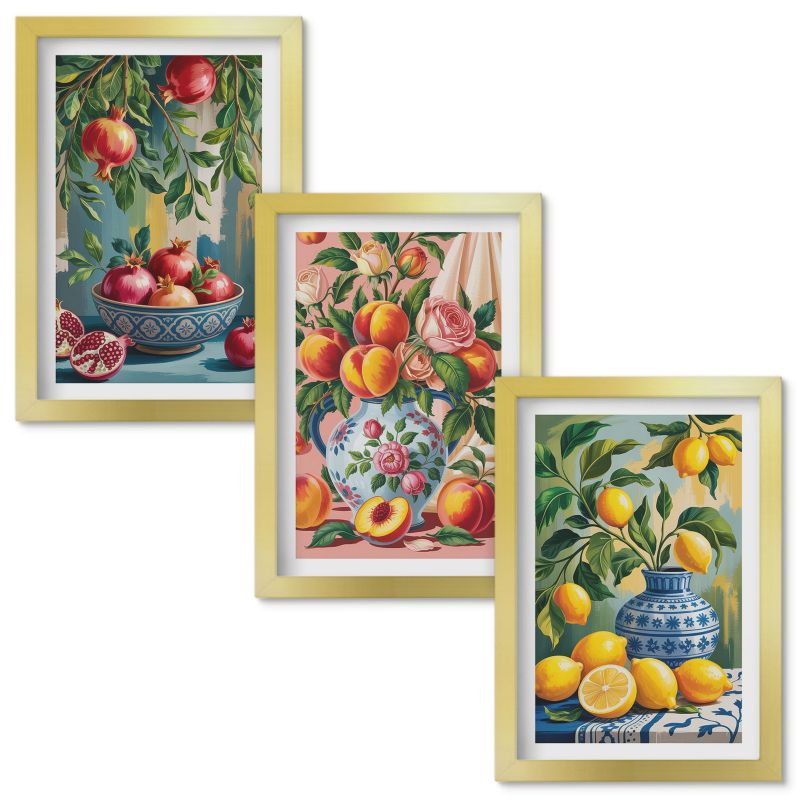 Obrazy do Salonu Wallfluent Owocowe kompozycje granatów Złota rama 20x30cm 3 szt.