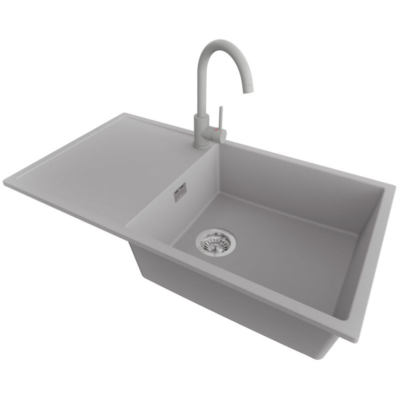 Zlewozmywak Granitowy Ibiza PRIMAGRAN Nablatowy 90x50cm do Szafki od 60cm, Szary + Bateria 32x20cm + Syfon, S057, 1 szt.