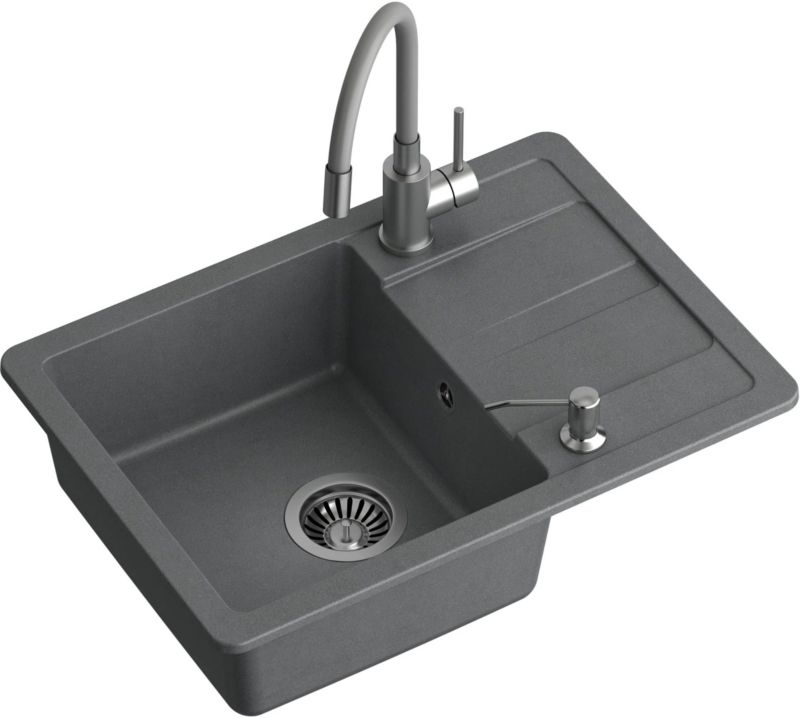 Zlewozmywak 1-komorowy GraniteQ Quadron 62x44 cm szary z baterią stalową i dozownikiem 1 szt.