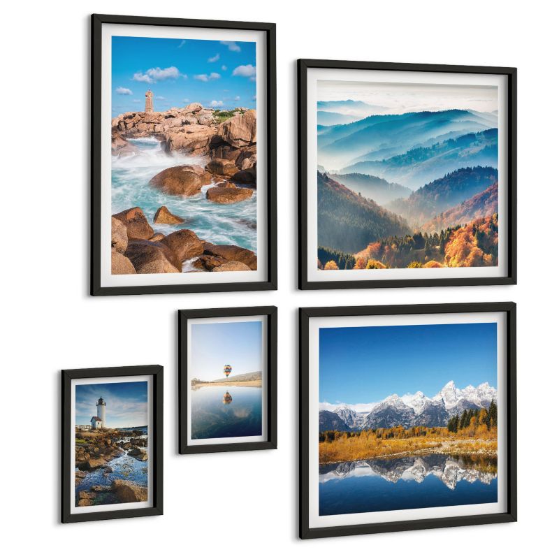 Zestaw 5 Obrazów ArtPrintCave (2x50x50+2x20x30+40x60cm) Czarna rama Widoki natury latarnia góry 1 kpl.