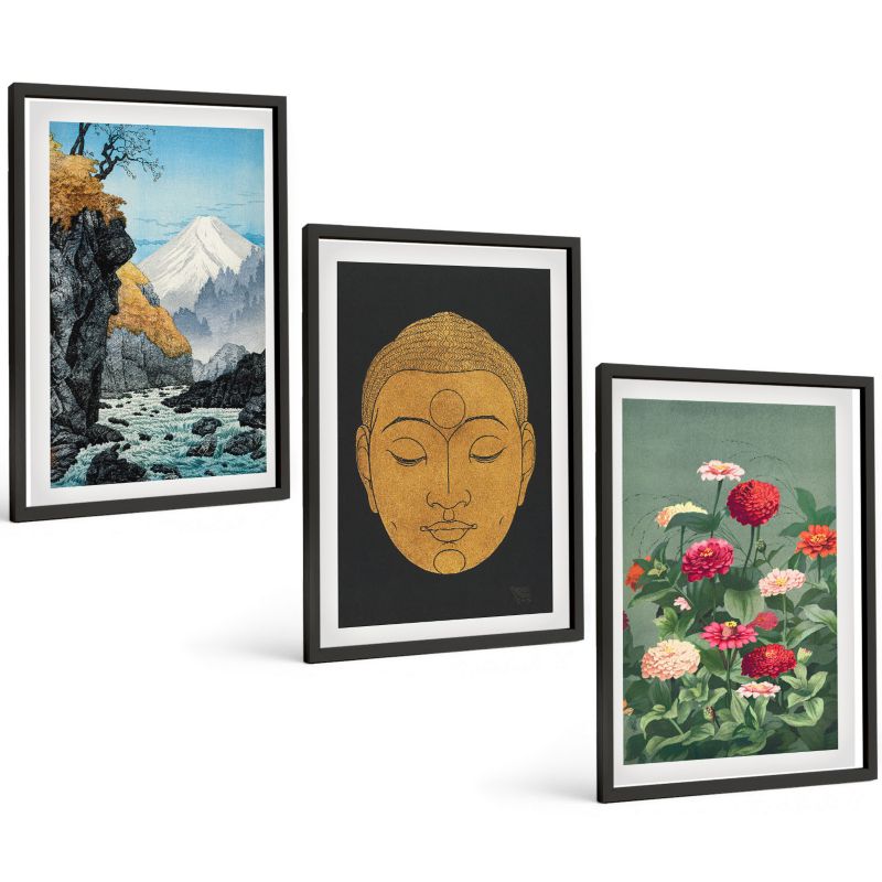 Zestaw 3 Obrazów w Czarnej Ramie ArtPrintCave 40x60 cm Galeria Ścienna Japońska natura kultura japandi 1 kpl.
