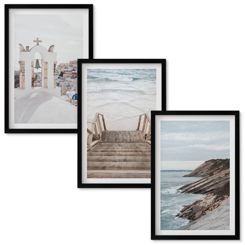 Set Obrazów w Ramie Wallfluent Morze architektura Santorini Czarna rama 40x60 cm 3 szt.