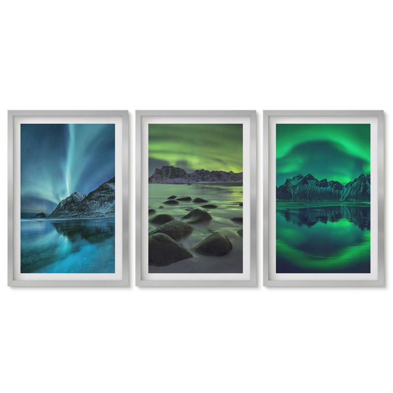 Komplet obrazów srebrna rama Tulup 40x60 cm Zimowy krajobraz zorzy górskiej Tryptyk 1 kpl